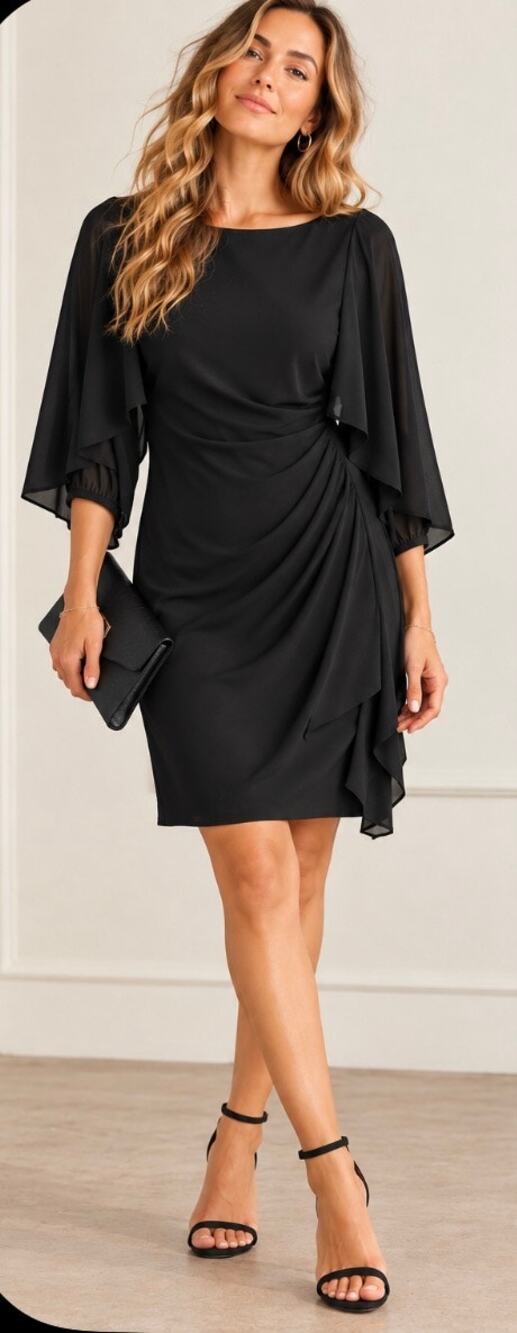 Lauren Ralph Lauren Black Draped Cape Sleeve Dress Size 14